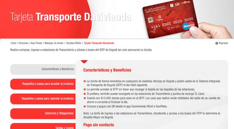 Tarjeta de débito Transporte Davivienda Davivienda