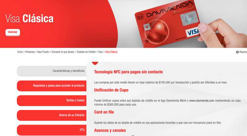 Tarjeta de crédito Visa Clásica Davivienda