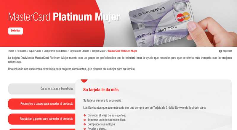 Tarjeta de crédito Mujer MasterCard Platinum Davivienda