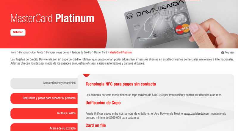 Tarjeta de crédito MasterCard Platinum Davivienda