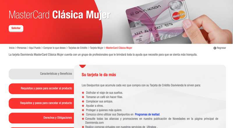 Tarjeta de crédito Mujer MasterCard Clásica Davivienda