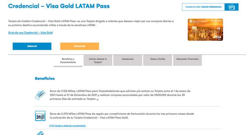 Tarjeta de crédito Visa Gold LATAM Pass Banco de Occidente