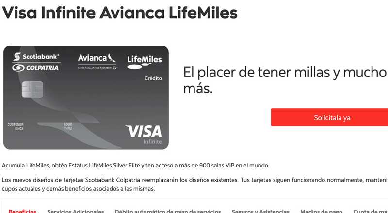 Tarjeta de crédito Visa Infinite Avianca LifeMiles Scotiabank Colpatria