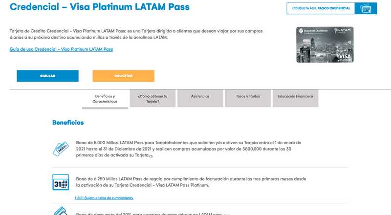 Tarjeta de crédito Visa Platinum LATAM Pass Banco de Occidente