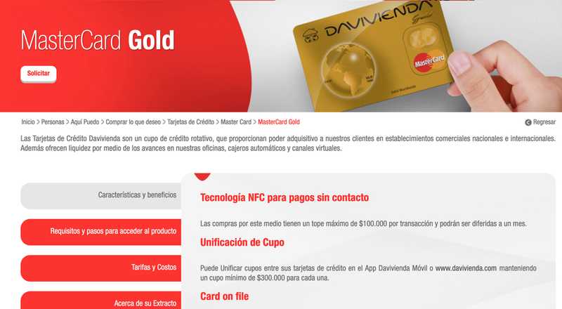 Tarjeta de crédito MasterCard Gold Davivienda