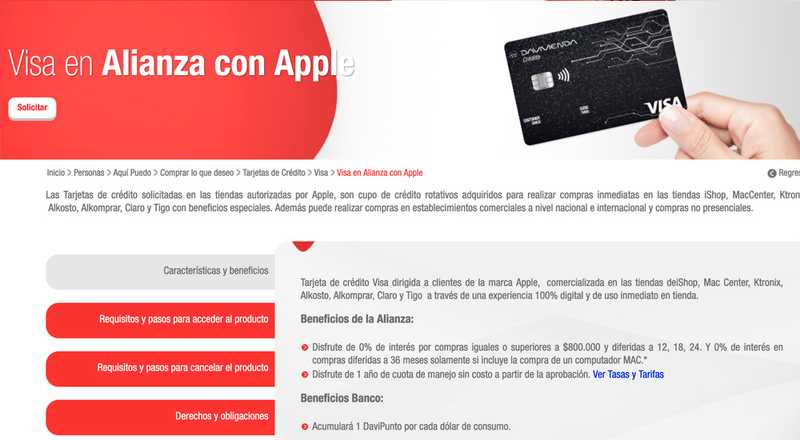 Tarjeta de crédito Visa Apple Davivienda