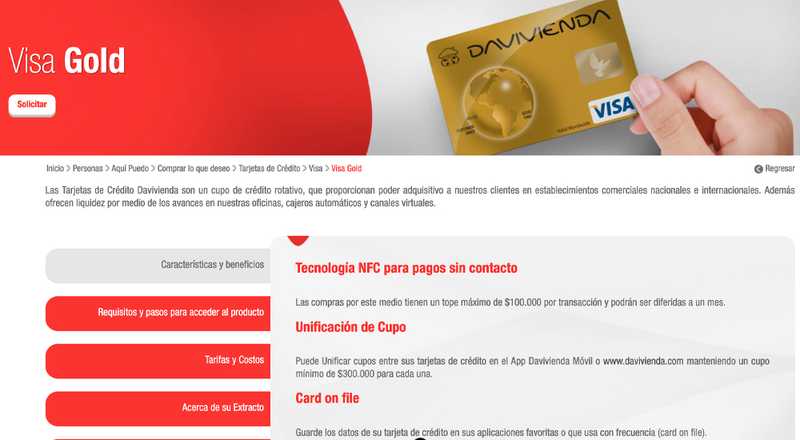 Tarjeta de crédito Visa Gold Davivienda