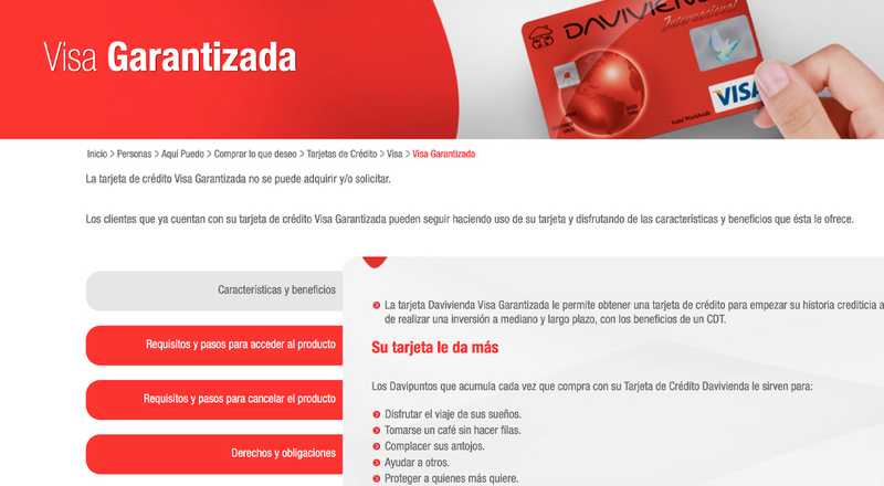 Tarjeta de crédito Visa Garantizada Davivienda