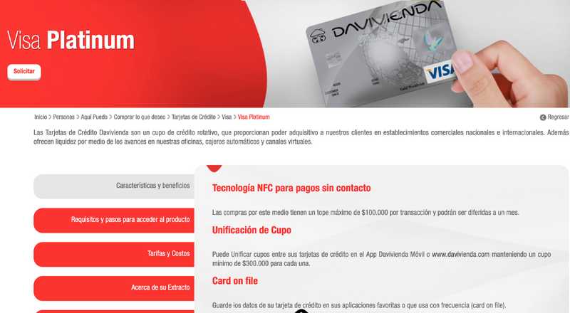 Tarjeta de crédito Visa Platinum Davivienda
