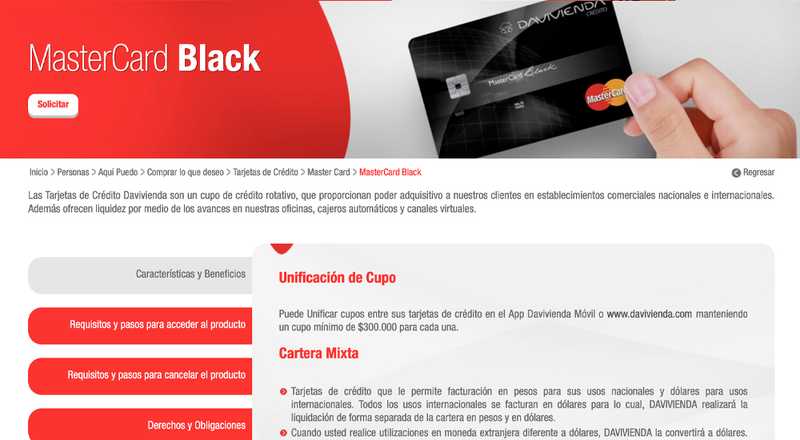 Tarjeta de crédito MasterCard Black Davivienda
