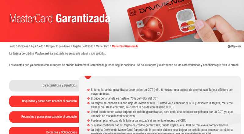 Tarjeta de crédito MasterCard Garantizada Davivienda