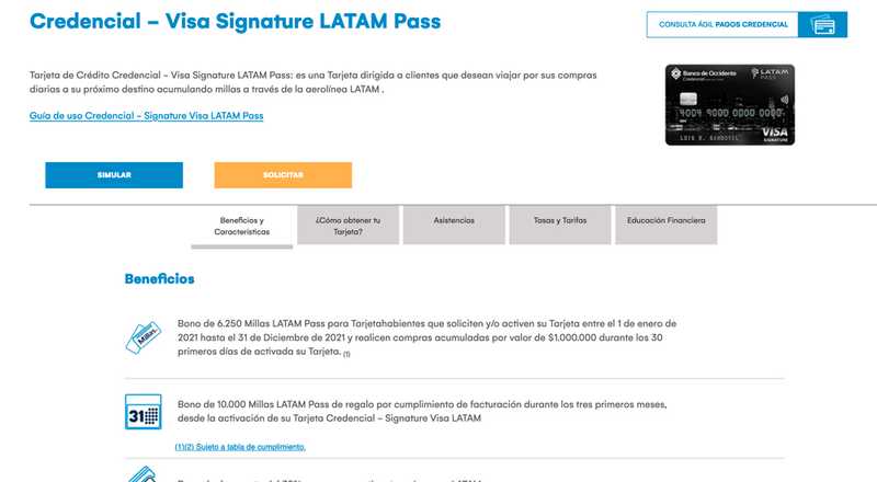 Tarjeta de crédito Visa Signature LATAM Pass Banco de Occidente