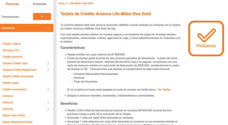 Tarjeta de crédito Visa LifeMiles  Itaú