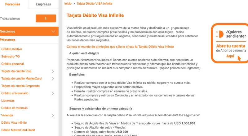 Tarjeta de débito Visa Infinite Itaú