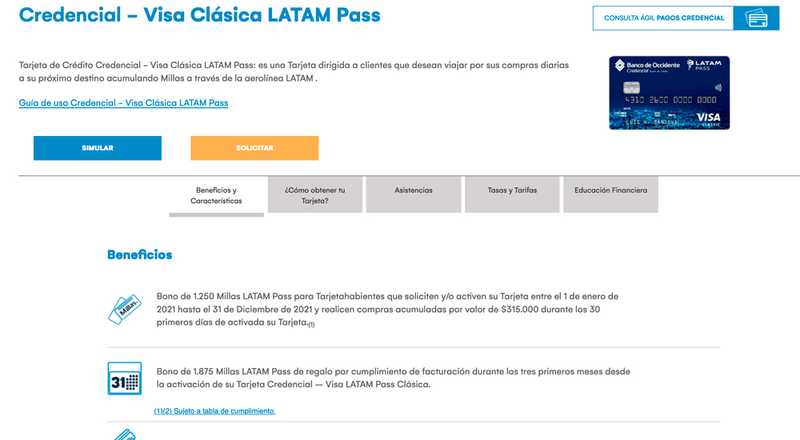 Tarjeta de crédito Visa Clásica LATAM Pass Banco de Occidente