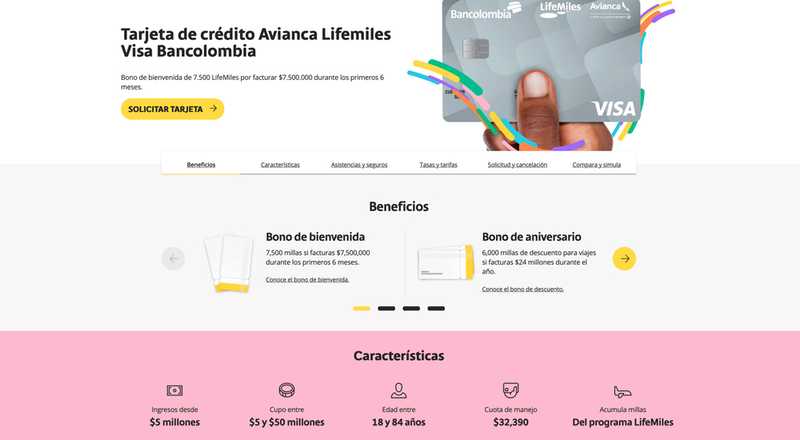 Tarjeta de crédito Avianca Lifemiles Visa Bancolombia